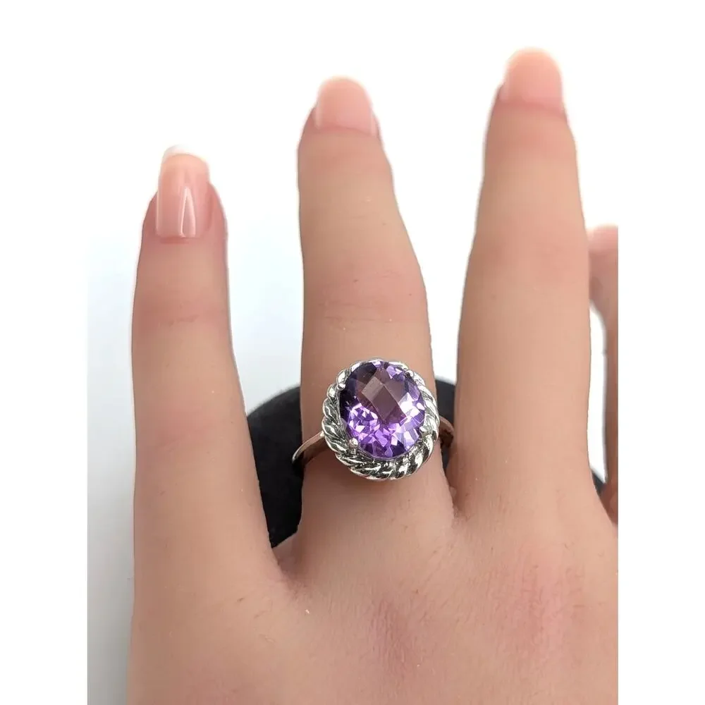 925 Sterling Silver Lg Oval Facet Cut Amethyst Twisted Rope Surround Ring Sz 7